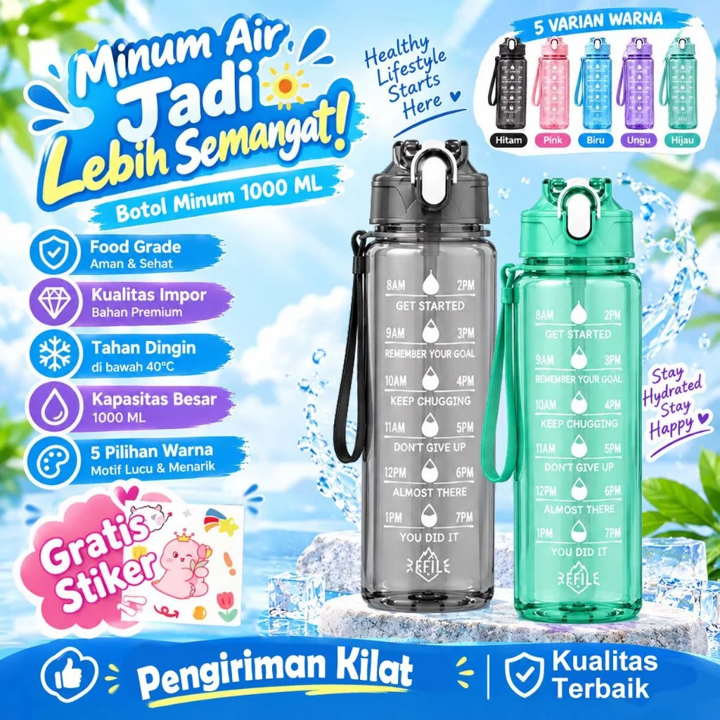 Tumbler Botol Air Minum 1L Transparan BPA Free Anti Bocor