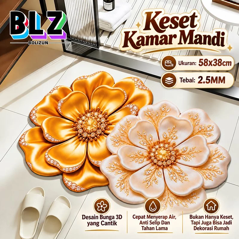 Bolizun Keset Kamar Mandi Motif Bunga 38x58cm Anti Slip Cepat Kering