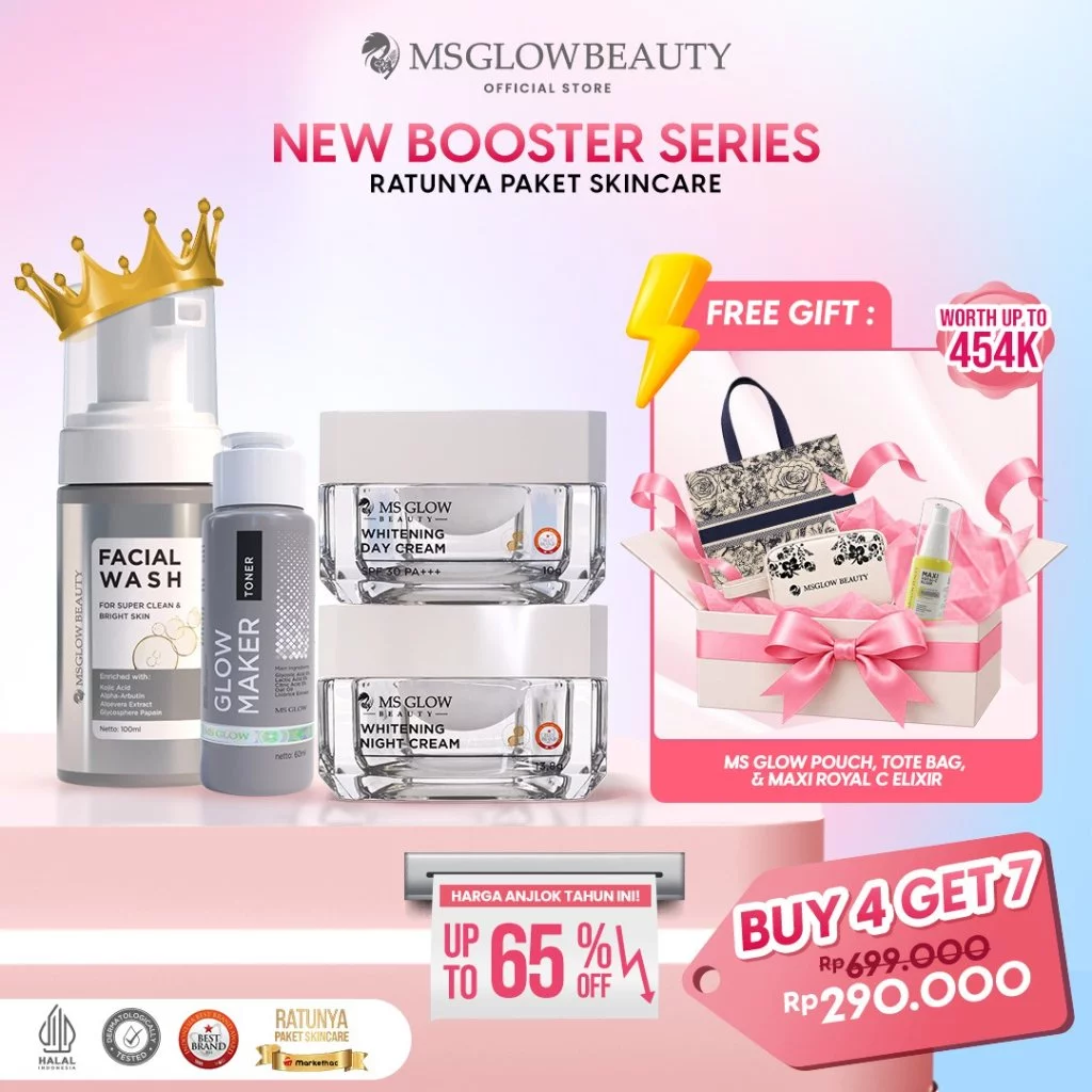 [BUY 4 GET 8] MS GLOW Paket Wajah Booster Series Free Elixir, Pouch & Totebag - Paket Wajah Mencerahkan Kulit Kusam dan Bintik Hitam