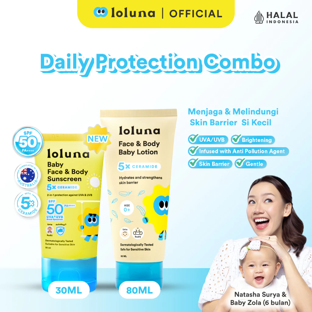 LOLUNA Daily Protection Combo - Baby Face & Body Sunscreen 30ml/ Baby Face & Body Lotion 80ml - 5x Glowing Sun Care/ 5x Ceramide/ Lotion Krim Sunscreen Muka dan Badan Bayi dan Anak