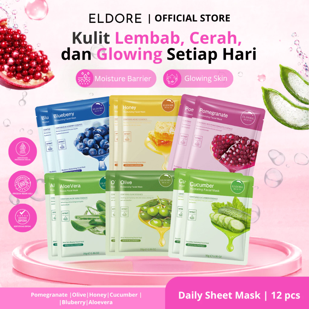 ELDORE Paket Isi 12 Masker Facial Sheet 30g - Masker Wajah Bundle Melembapkan Untuk Semua Jenis Kulit