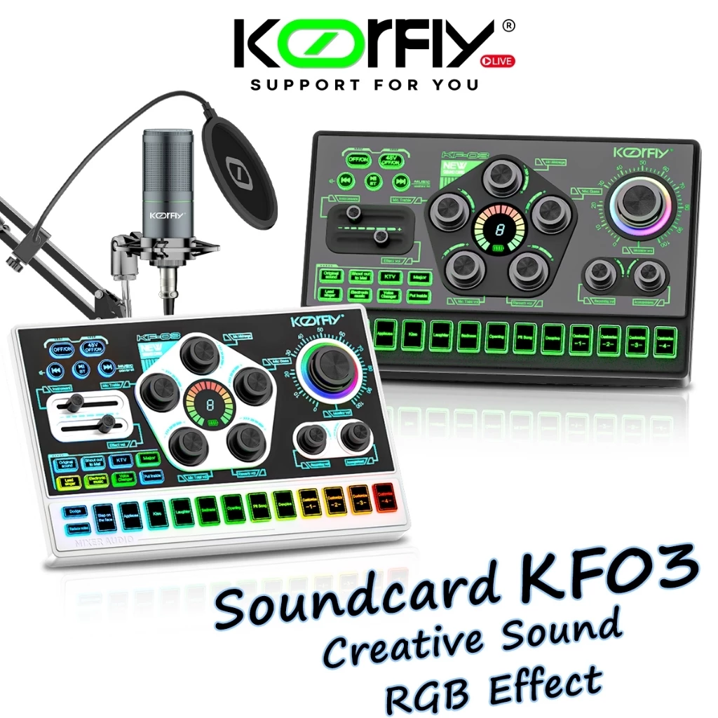 Koorfly KF03 Desain RGB Terbaru Live Soundcard 48V Recording Live Mixer Untuk Alat Musik Mikrofon