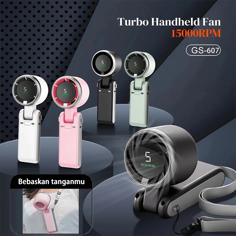 Kipas Lipat Portabel Berkecepatan Tinggi Handheld Rechargeable Mini Fan Lipat High Speed 15000RPM Kipas Mini Portable Turbo High Kipas Tangan Portable Fleksibel 180° Bisa Digantung di Leher & Dilipat  Baterai 20000mAh