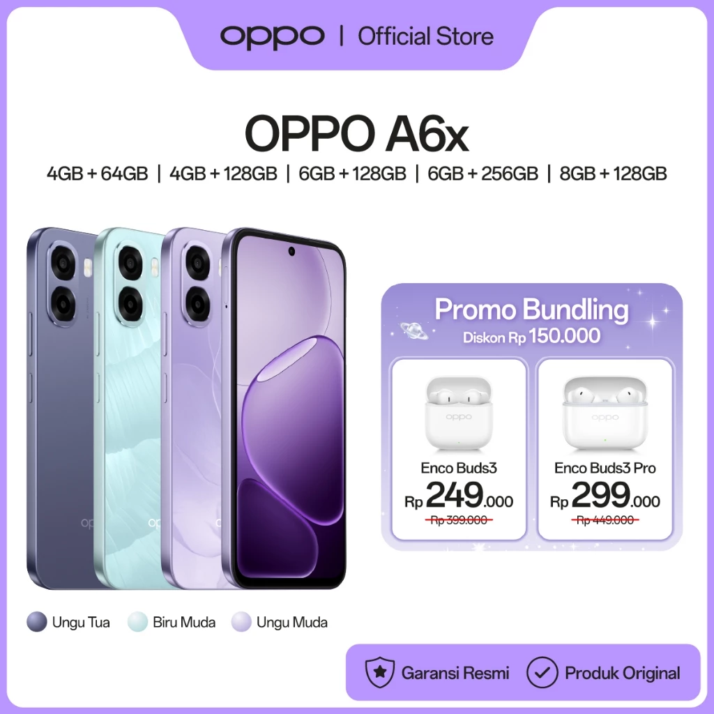 OPPO A6x 4GB/6GB+64GB/128GB/256GB & 8GB+128GB IP64 Water & Dust Resistance, 6500mAh Large Battery, Snapdragon 685, 120Hz Fast Responsive Screen