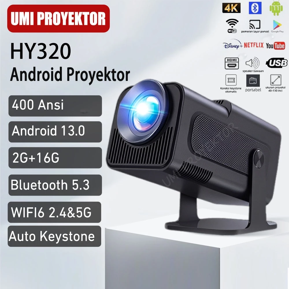 UMI Proyektor HY320 Mini HD 4K Android 13.0 Bluetooth5.3 LCD Smart Projector 400 ANSI Wifi 6 MirrorLink