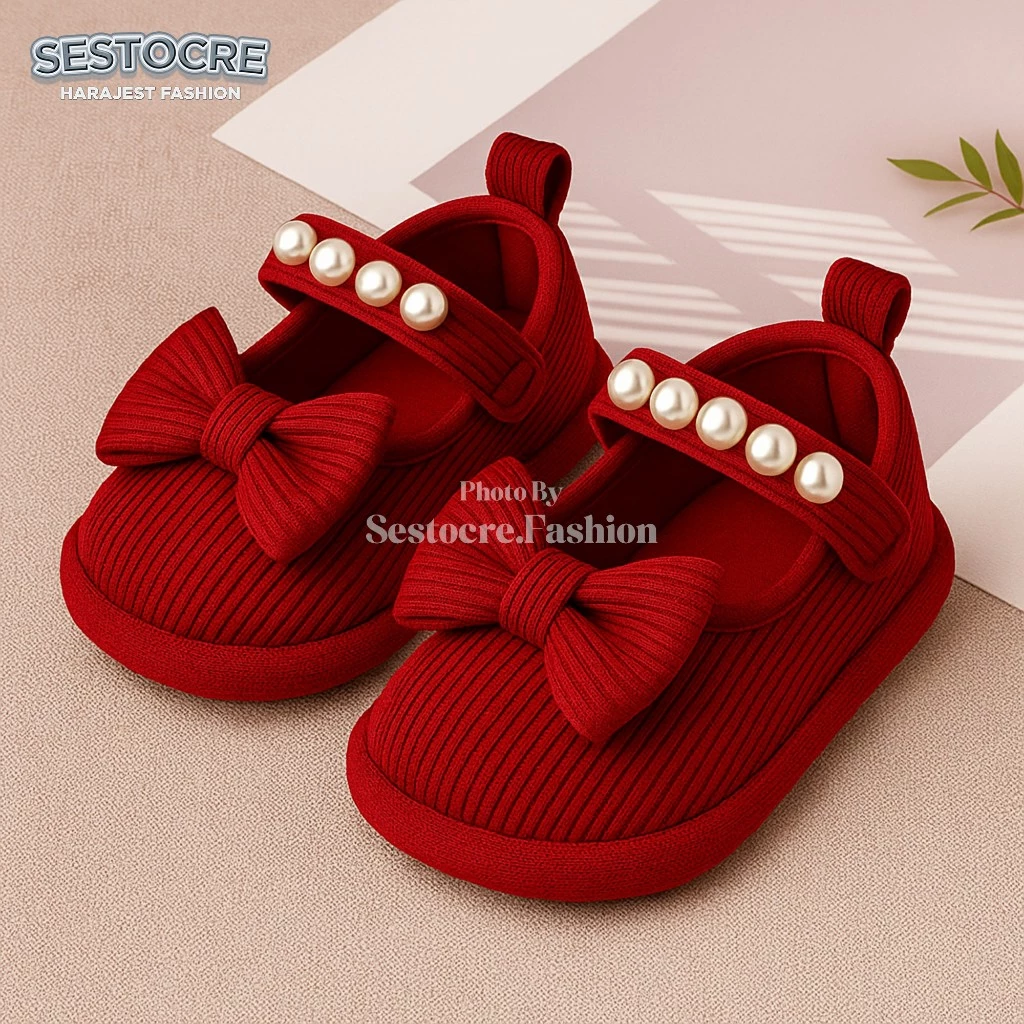 Sepatu bayi perempuan usia 0 - 12 bulan Baby Shoes Prewalker Tali Pita Mutiara Lucu - Sepatu Bayi Cewek Anti Slip Ringan Flat Shoes - Sepatu Bayi Anak Casual Empuk Nyaman -SHF