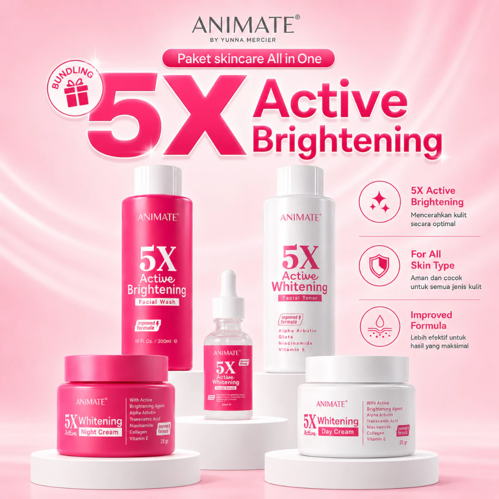 [BEST SELLER] Animate 5x Active Whitening Series 5in1 - Animate Paket Pink - Paket Skincare Wajah Whitening BPOM untuk Kulit Remaja