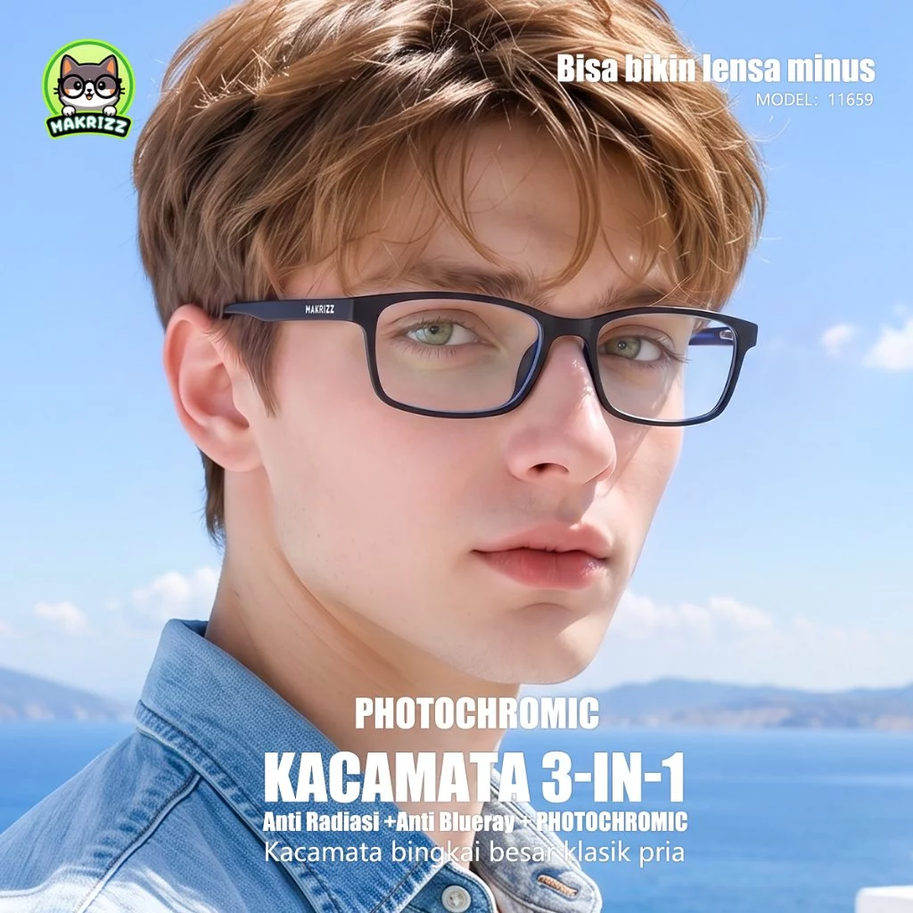 MAKRIZZ Kacamata Anti Radiasi Pria Photocromic Kacamata Hitam Persegi Frame Wanita Minus Bluecromic