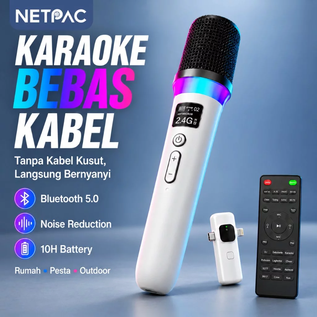 NETPAC Mic Wireless Karaoke Bluetooth 5.0 Mikrofon Karaoke Tanpa Kabel RGB Noise Reduction Suara Jernih Rechargeable 10H