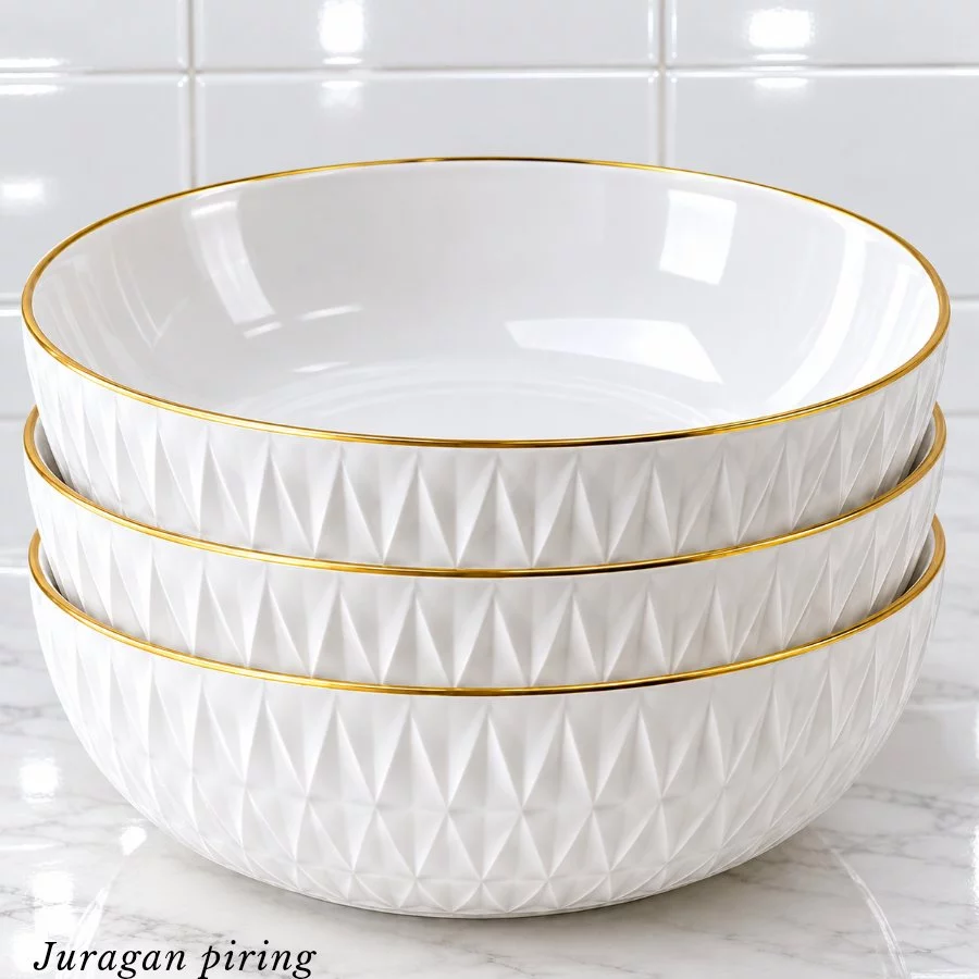 Promo 6 Pcs Piring Makan Motif Berlian Bulat 21 CM Pinggiran Emas Ceper Sultan