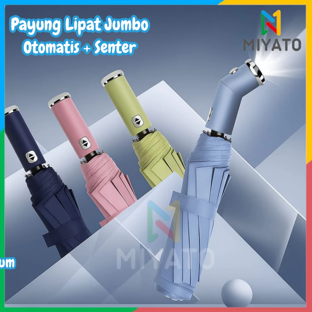 Miyato Payung Lipat Otomatis Jumbo + Senter Buka Tutup Anti UV - Payung Lipat Senter LED Otomatis Premium Anti Panas Anti Badai Hujan Premium Quality