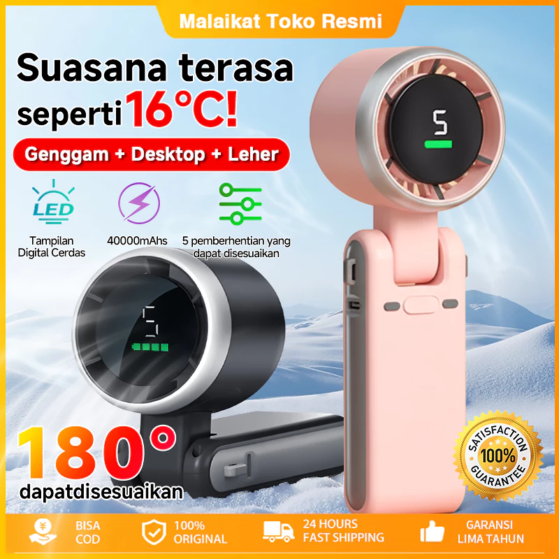 Kipas Lipat Portabel Berkecepatan Tinggi 180° Adjustable - Desain Digital Lipat, Angin Super Kencang & Ultra Senyap untuk Kantor/Outdoor, Daya Tahan 30000mAh, Type-c Charging, Bisa Digantung di Leher