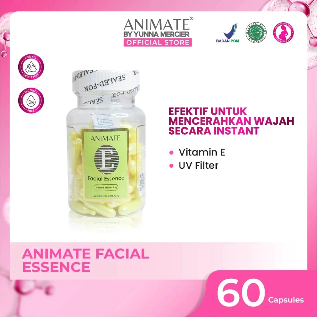 [1 BOTOL] Animate Facial Essence isi 60 Pcs | Serum Wajah Animate Vitamin E | Mencerahkan Kulit Wajah Kusam | Essence Wajah Mencerahkan dan Glowing