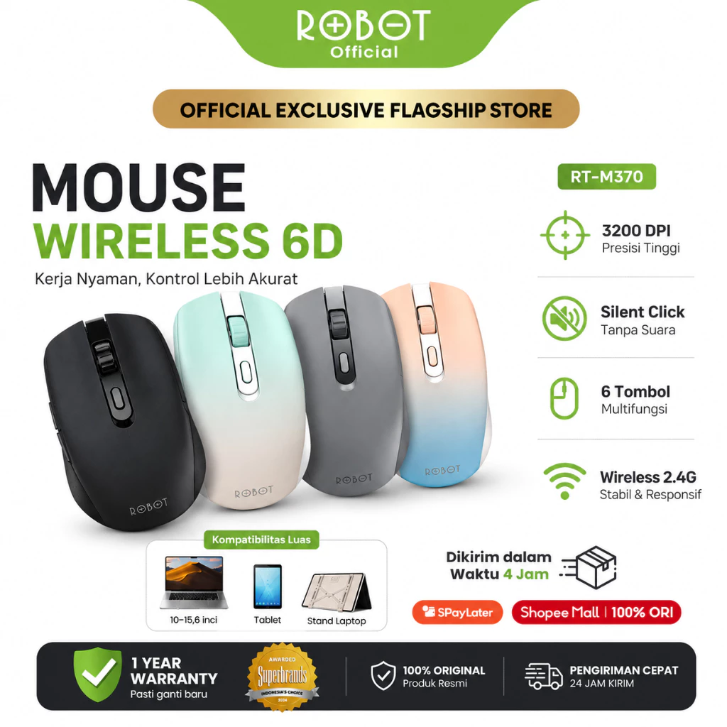 ROBOT Mouse Wireless Silent Click 2.4GHz 3200DPI Optical dengan USB Receiver untuk Laptop & PC - Desain Ergonomis, Garansi 1 Tahun Original M370