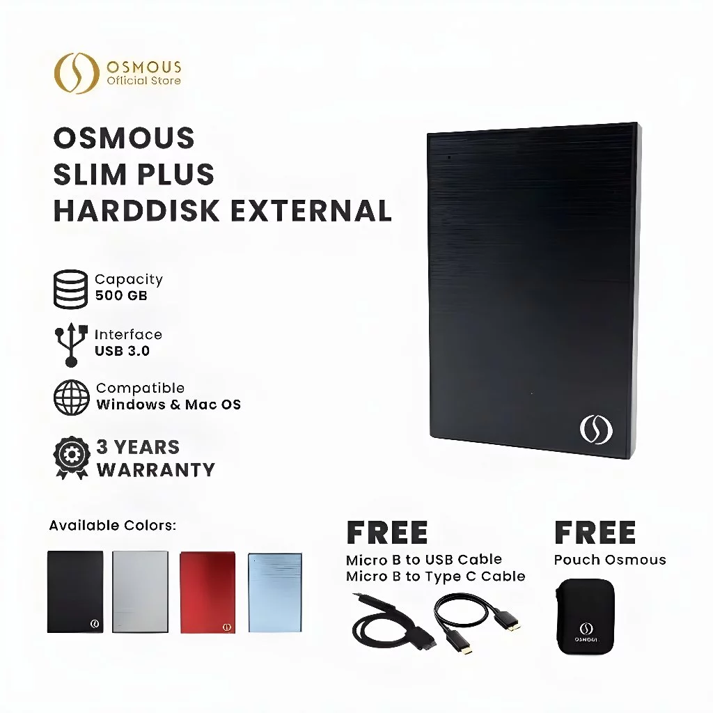 Osmous Slim Plus Hardisk HDD External 500GB USB 3.0 Portable Storage - 3 Years Warranty
