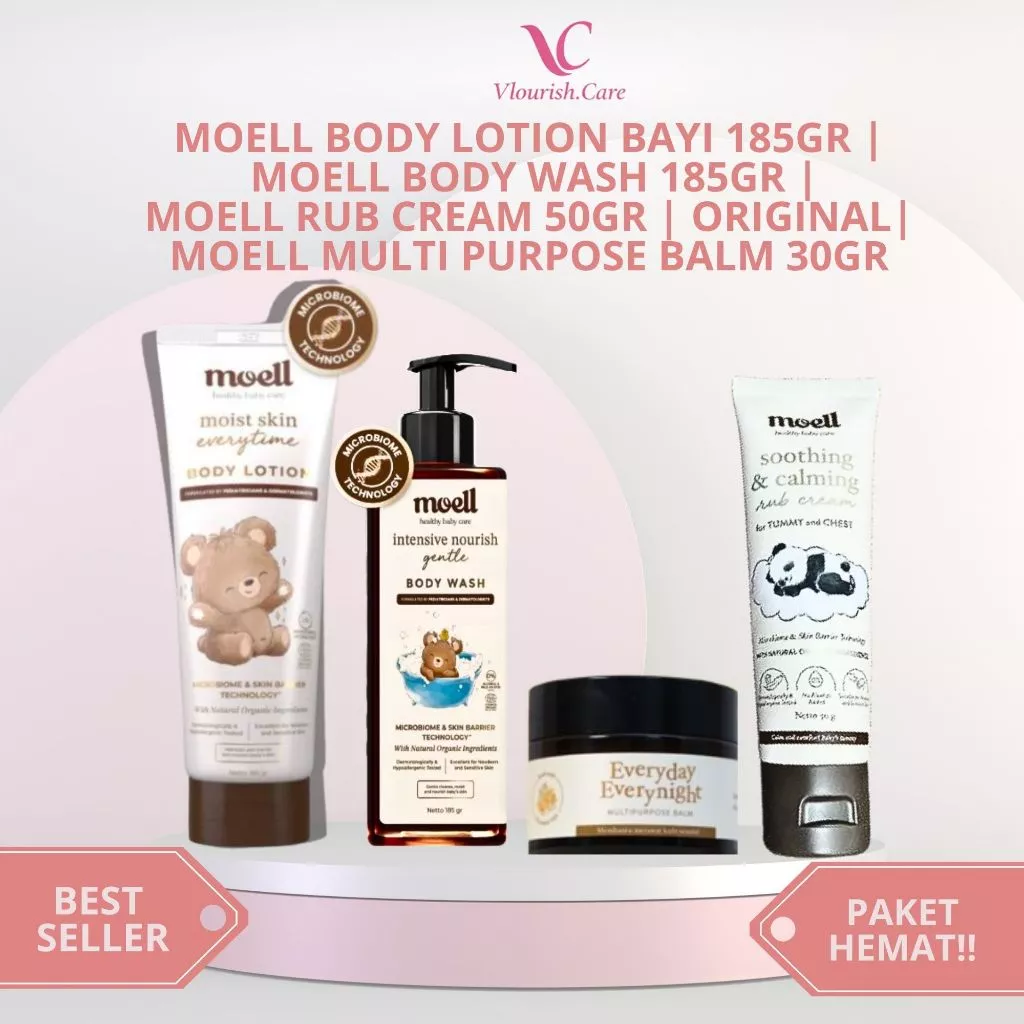 MOELL Baby Lotion 185gr Pelembap Bayi Kulit Sensitif & Kering ORIGINAL | Body Lotion Bayi Ruam (Eksim) | MOELL Gentle Body Wash Bayi 185gr Sabun Mandi Moell Tanpa SLS Untuk Bayi Kulit Kering, Sensitif | Moell Multipurpose Balm 30gr Natural Organic