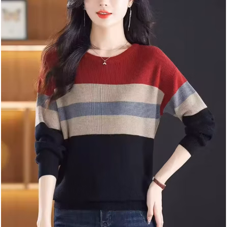Women's Knitted Long Sleeve Base Shirt Mom's Sweater Striped Fashionable Winter Inner Wear Trendy