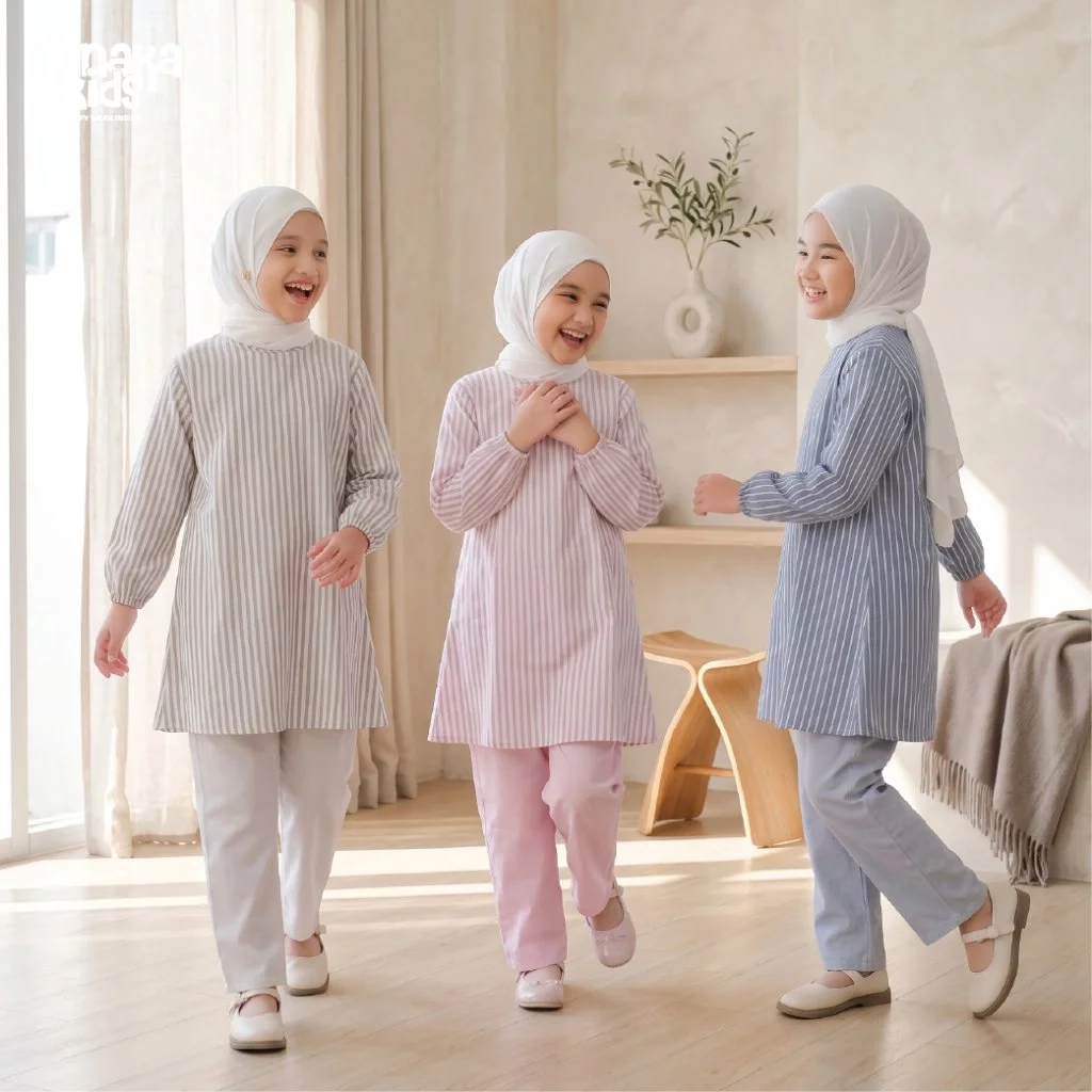 JENAKA KIDS CLARA Baju Setelan Anak Perempuan Tunik Motif Striped Salur Usia 6-16 Tahun