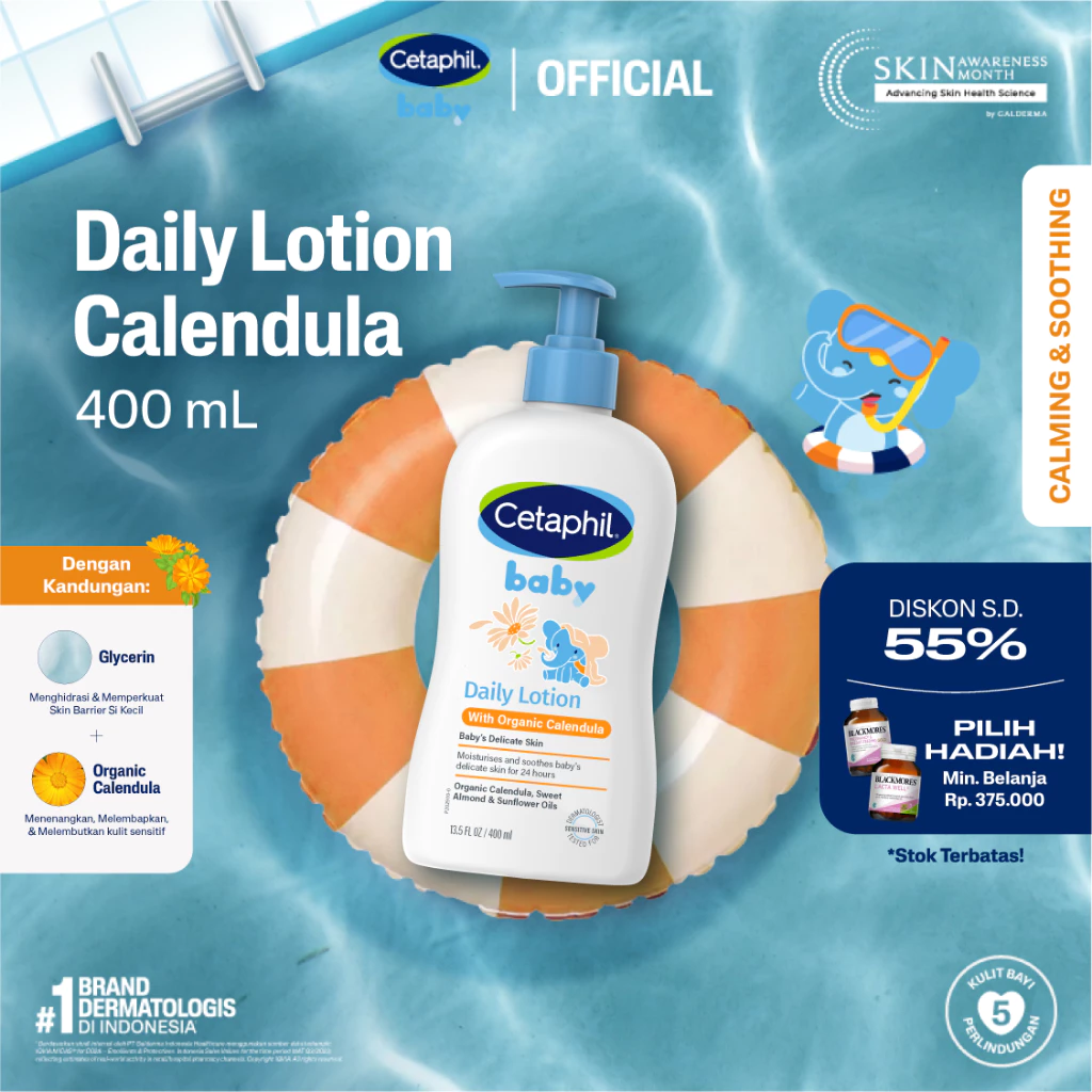 Cetaphil Baby with Organic Calendula Daily Lotion 400ml dengan Calendula, Glycerin, Sweet Almond Oil, dan Sunflower Oil Pelembap untuk Perawatan Kulit Bayi