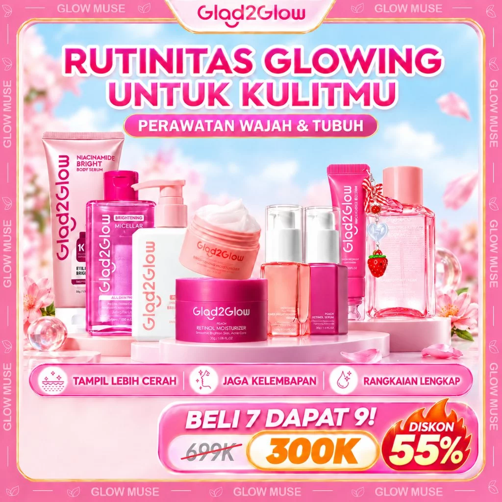 Glad2Glow Glowing & Renew Bundle 9in1 9pcs - Brightening Toner, Moisturizer, Milk Cleanser, Serum, Retinol Moisturizer Niacinamide Mencerahkan Wajah