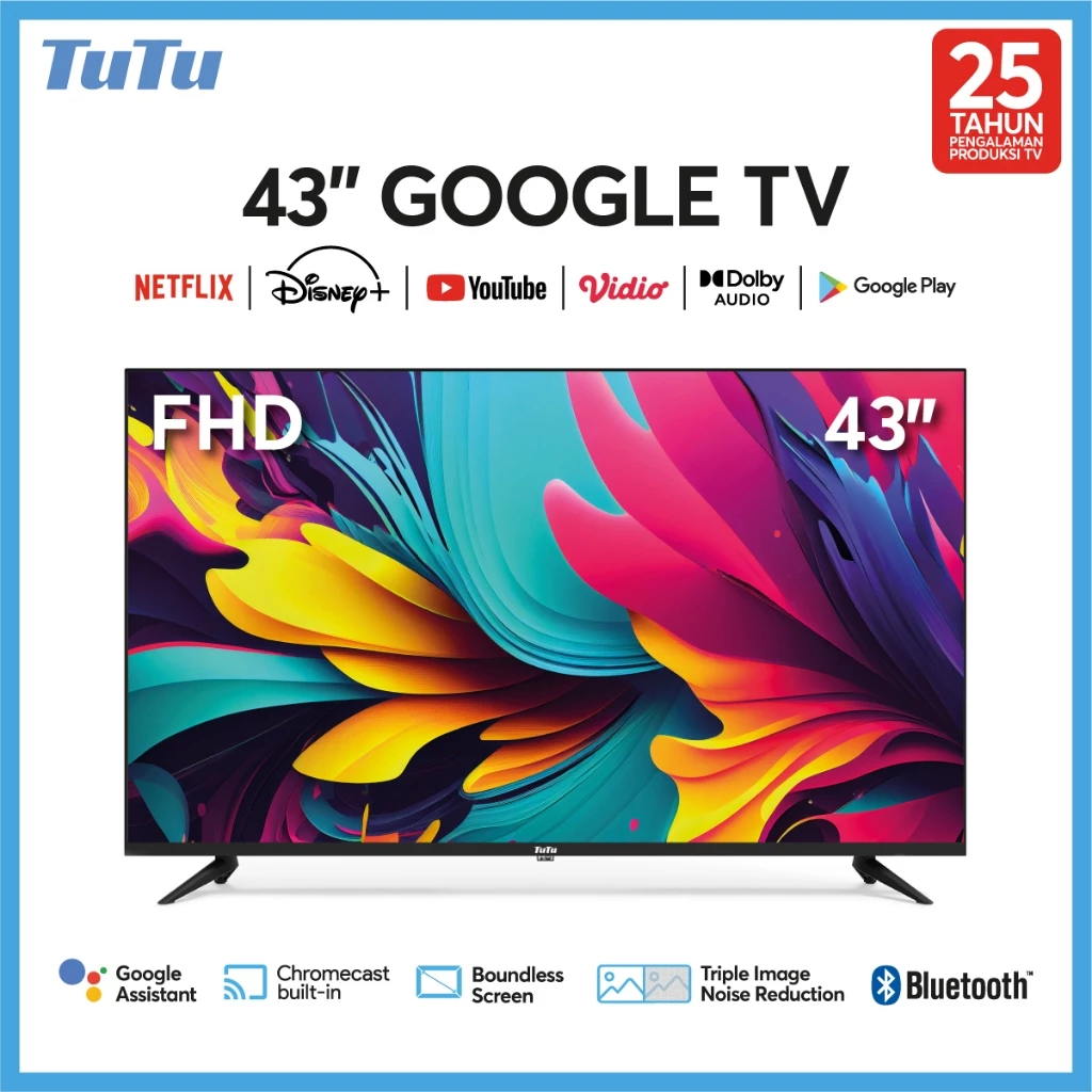 TUTU Google Smart TV 43inch Full HD HDR Google Assistant Dolby Audio TV Cast Low Blue Light Eye Care 5G WIFI Bluetooth HDMI Netflix/Youtube/Prime Video