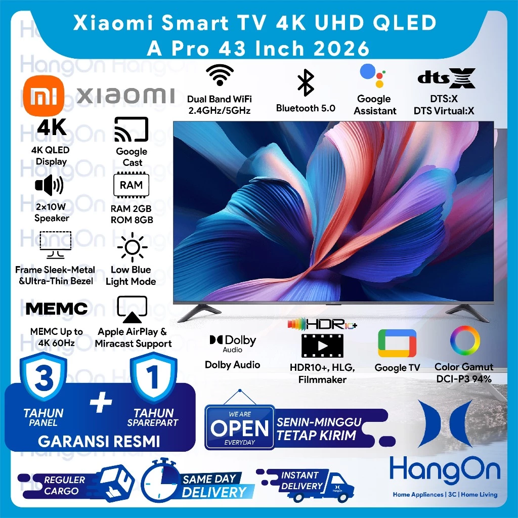 Xiaomi TV A Pro 43 Inch 2026 GoogleTV 4K UHD QLED MEMC 60Hz Xiaomi Sound Dolby Audio DTSX DTS VirtualX Apple AirPlay & Built-in Miracast Filmmaker Mode HDR10+ Low Blue Light DC Dimming Metallic Design Ultra Thin Bezel 43" Ultra HD Google Smart TV
