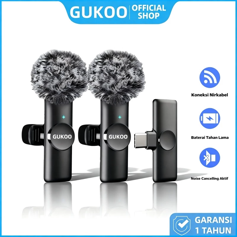 GUKOO PROMO Mic Lavalier 2-in-1 Double Single Mic Bluetooth ANC Baterai 10 Jam Type-C and iOS Ready