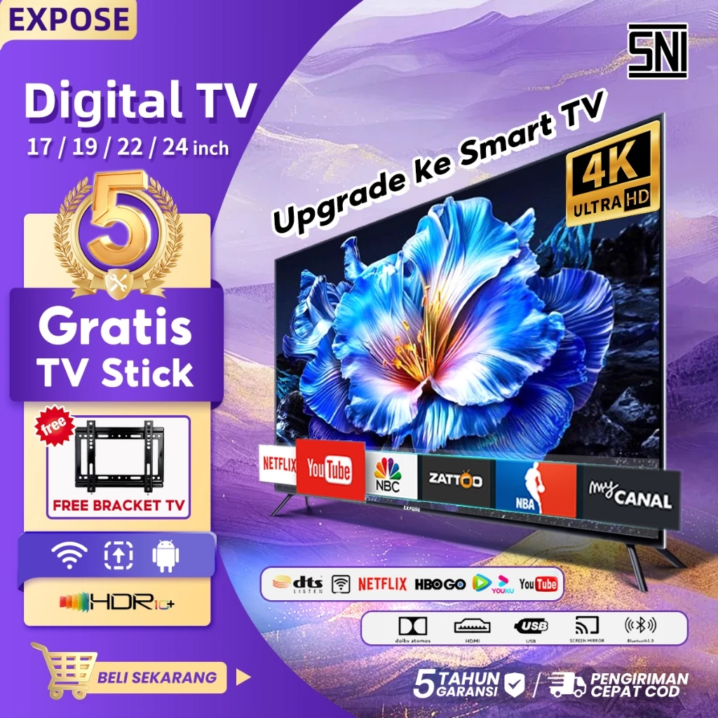 TV Digital 17/19/22/24 Gratis Bracket TV inch Digital TV 4K Netflix/YouTube/WIFI/ Garansi 5 tahun