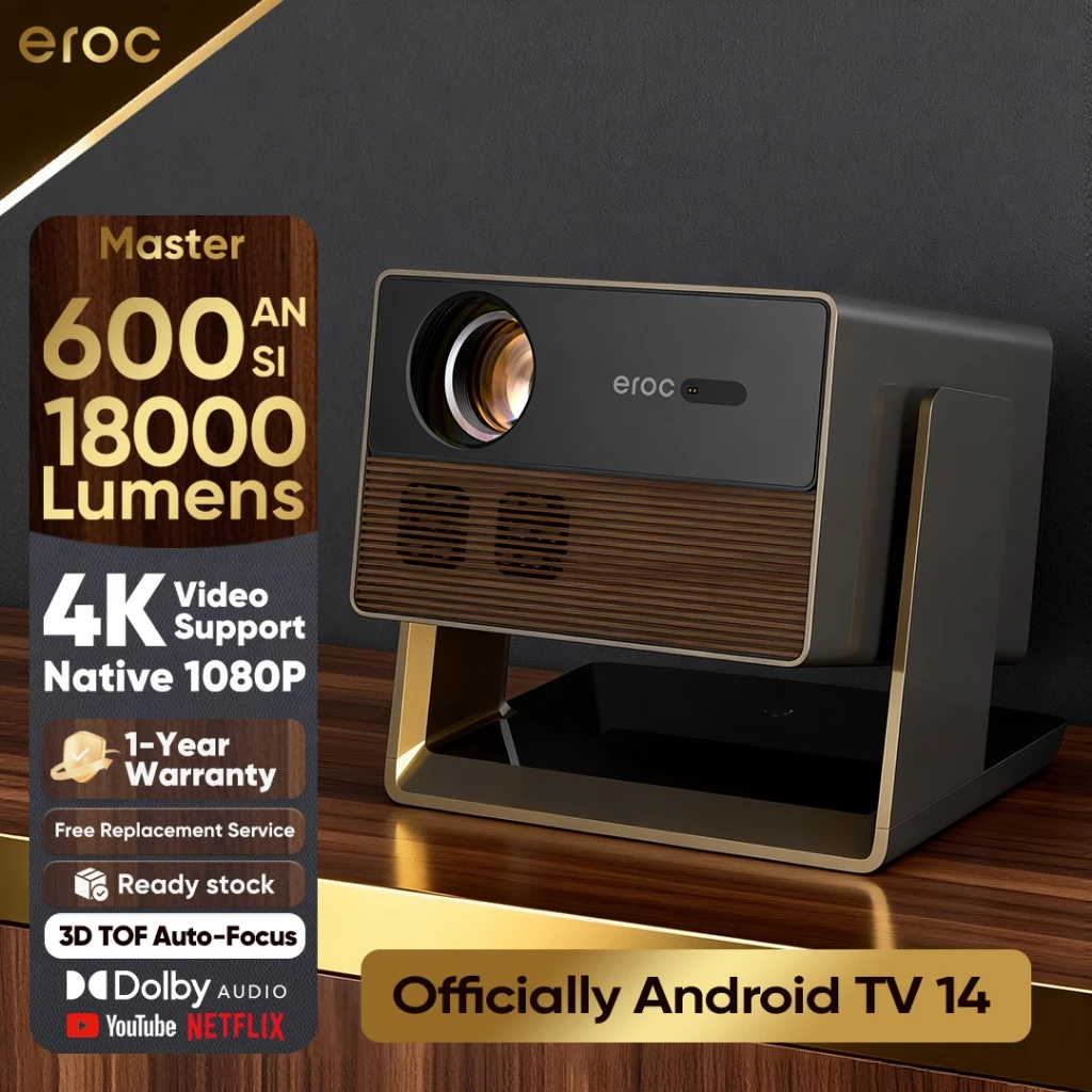 Eroc Master Smart Projector Android TV 14  18000 Lumens Native FHD 4K WiFi 6 Auto Focus Dolby Google Assitant
