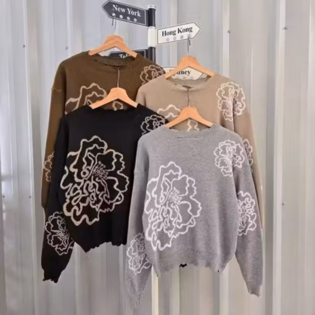 Feony Flower Knite Sweater Rajut Premium Tebal Motif Bunga