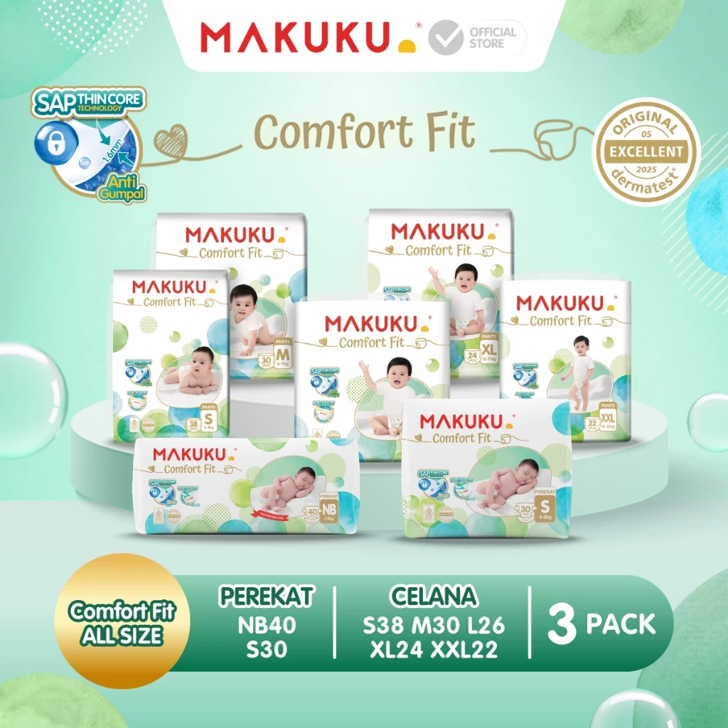 [3 PACK] Makuku SAP Diapers Comfort Fit 3.0 Pants & Tape / Celana & Perekat Popok Bayi Regular Pack NB40 / S30 / S38 / M30 / L26 / XL24 / XXL22