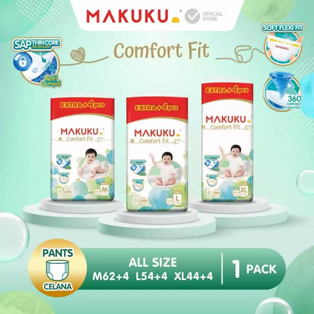 MAKUKU DIAPERS COMFORT FIT SUPER JUMBO M62+4/L54+4/XL44+4
