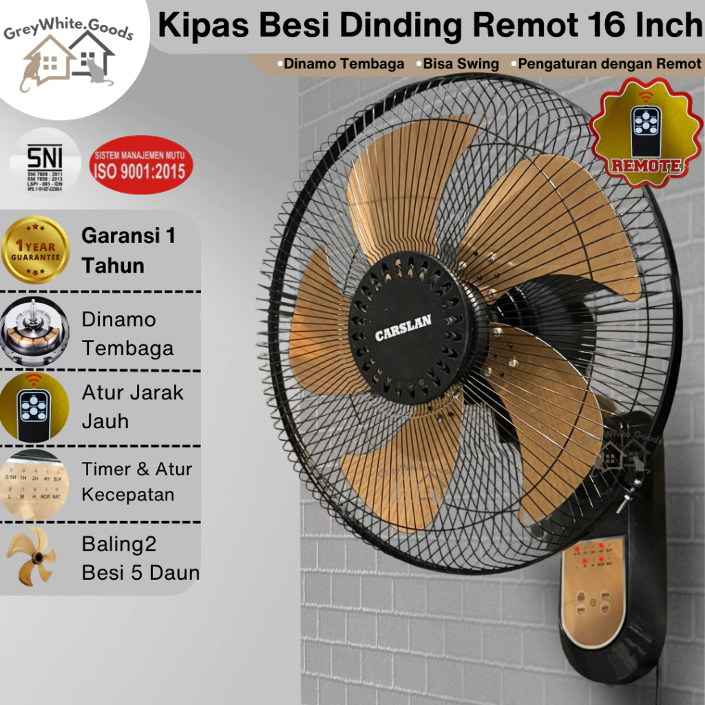 Kipas Dinding Besi Remot 16 Inch JUMBO Kipas Timer Dinding Kipas Besi 5 Baling Bergaransi