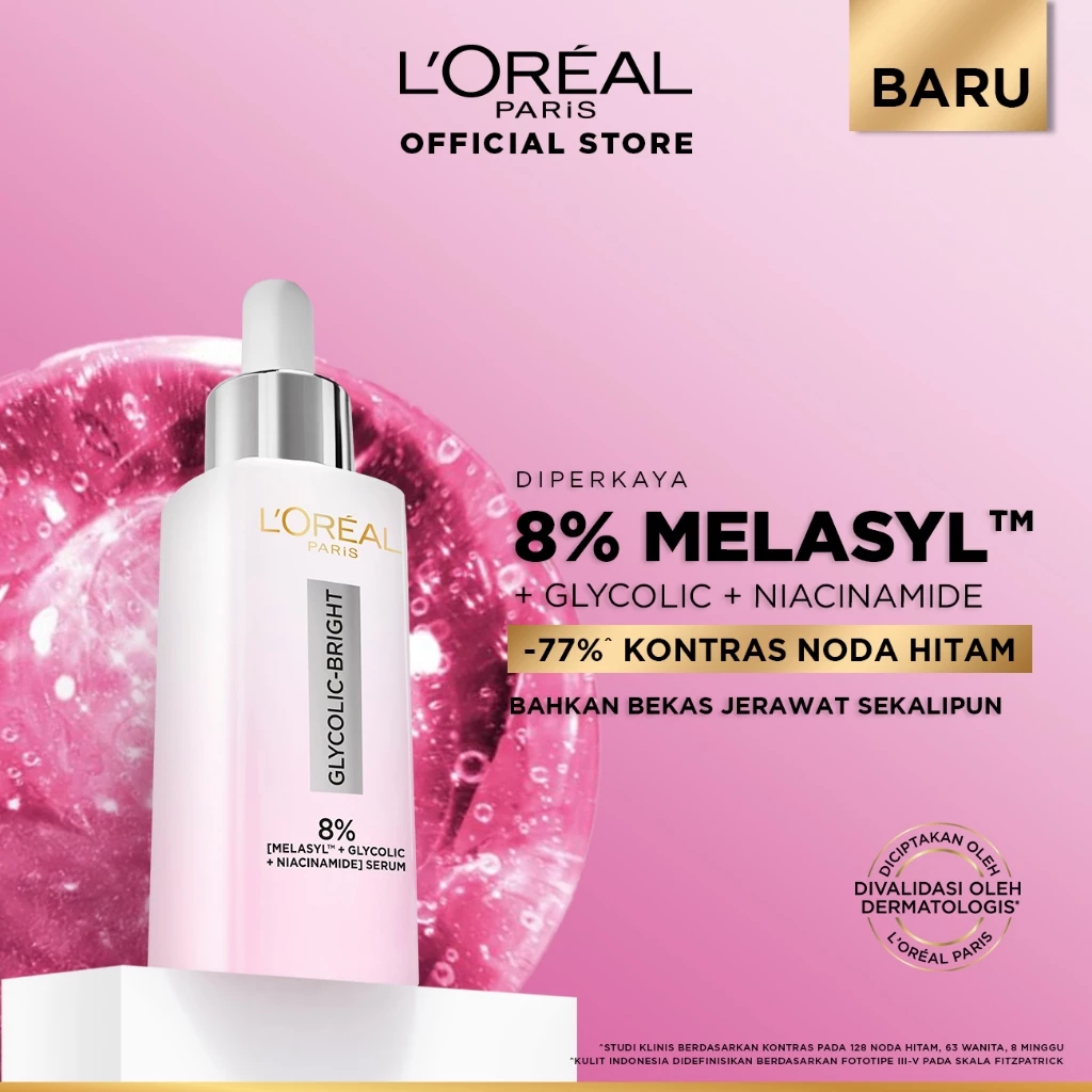 L'Oreal Paris Glycolic Bright 8% [MELASYL + GLYCOLIC + NIACINAMIDE] ANTI-DARK SPOT BRIGHTENING SERUM (Mencerahkan kulit & Menyamarkan Noda hitam bahkan bekas jerawat sekalipun)  Kulit Kusam, Noda Hitam, Bekas Jerawat, Eksfoliasi  Brightening serum