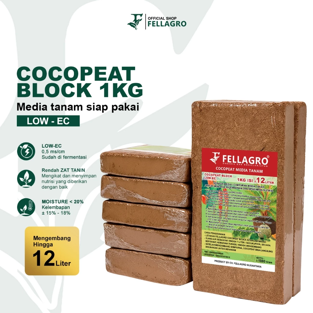 FELLAGRO Cocopeat Blok 1Kg Tanpa Campuran Media Tanam Organik Low-EC Mengembang Hingga 12 Liter