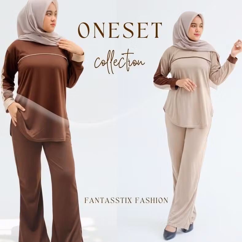 FX - Setelan Celana & Kaos Polos Wanita Oversized List Bahan Knit Casual Desain Polos