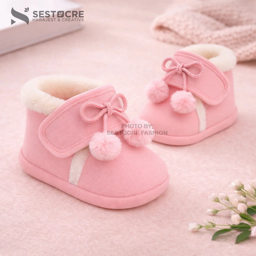 Sepatu Bayi Perempuan Boots Hairball Cute 0 3 6 9 12 Bulan Baby Shoes Prewalker New Born Nyaman SoftSole Anti Slip Design Simple Unik Trendy Bahan Premium- SHF