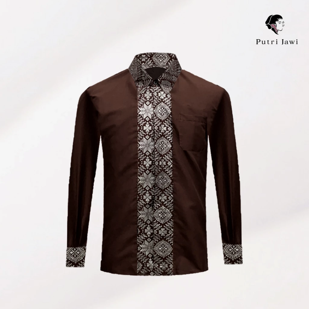 Putri Jawi Kemeja Batik Pria Ghaida Mahogany Kombinasi Katun Prada Lengan Panjang