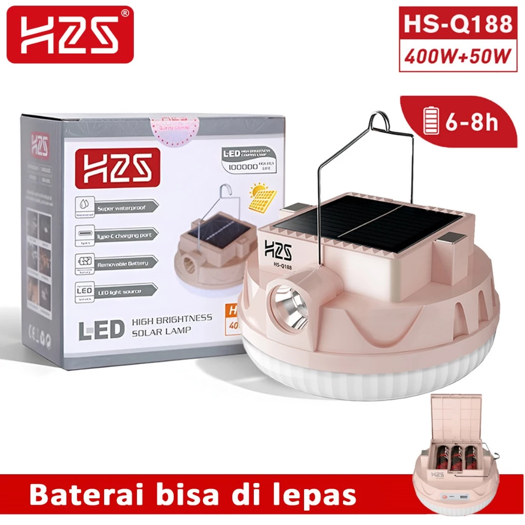 H2S Lampu LED Emergency UFO + Senter HS-Q188 Solar Panel 400w + 50w Baterai Lepas