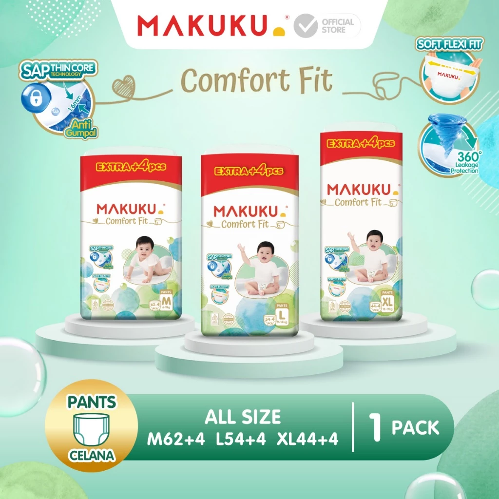 [1 PACK] Makuku SAP Diapers Comfort Fit 3.0 Plus Extra Jumbo +4 Pack Celana / Pants Popok Bayi M62+4 / L54+4 / XL44+4