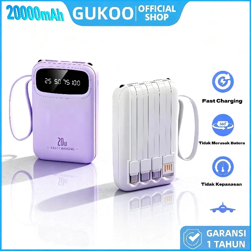 GUKOO Power Bank 20000mAh Fast Charging, 4 Kabel USB Included - Bisa untuk Semua Gadget