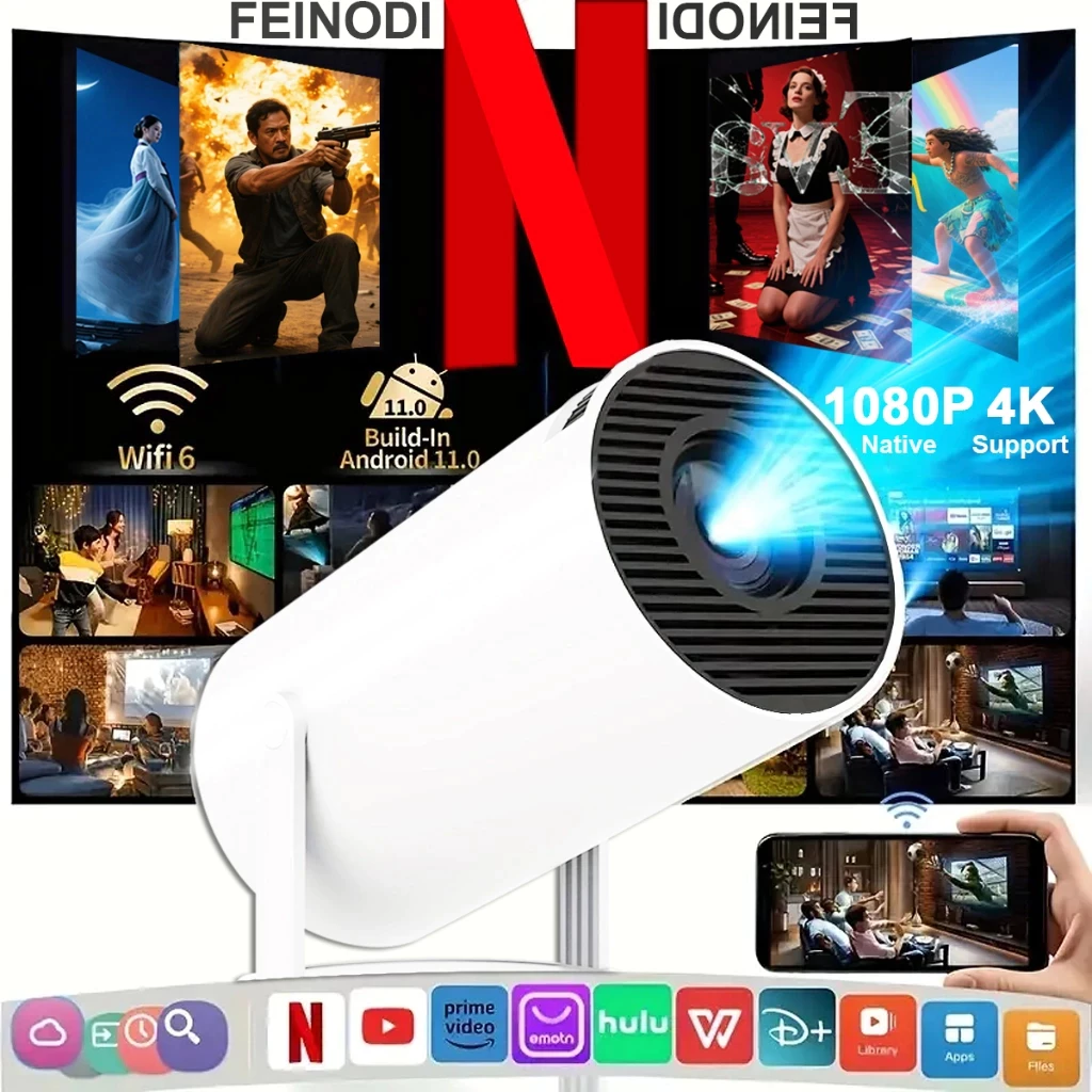 FEINODI 4K HD Proyektor Mini smart Portable proyektor 1080P with Wifi Bluetooth Android 11 Projector for Phone TV Home Theater