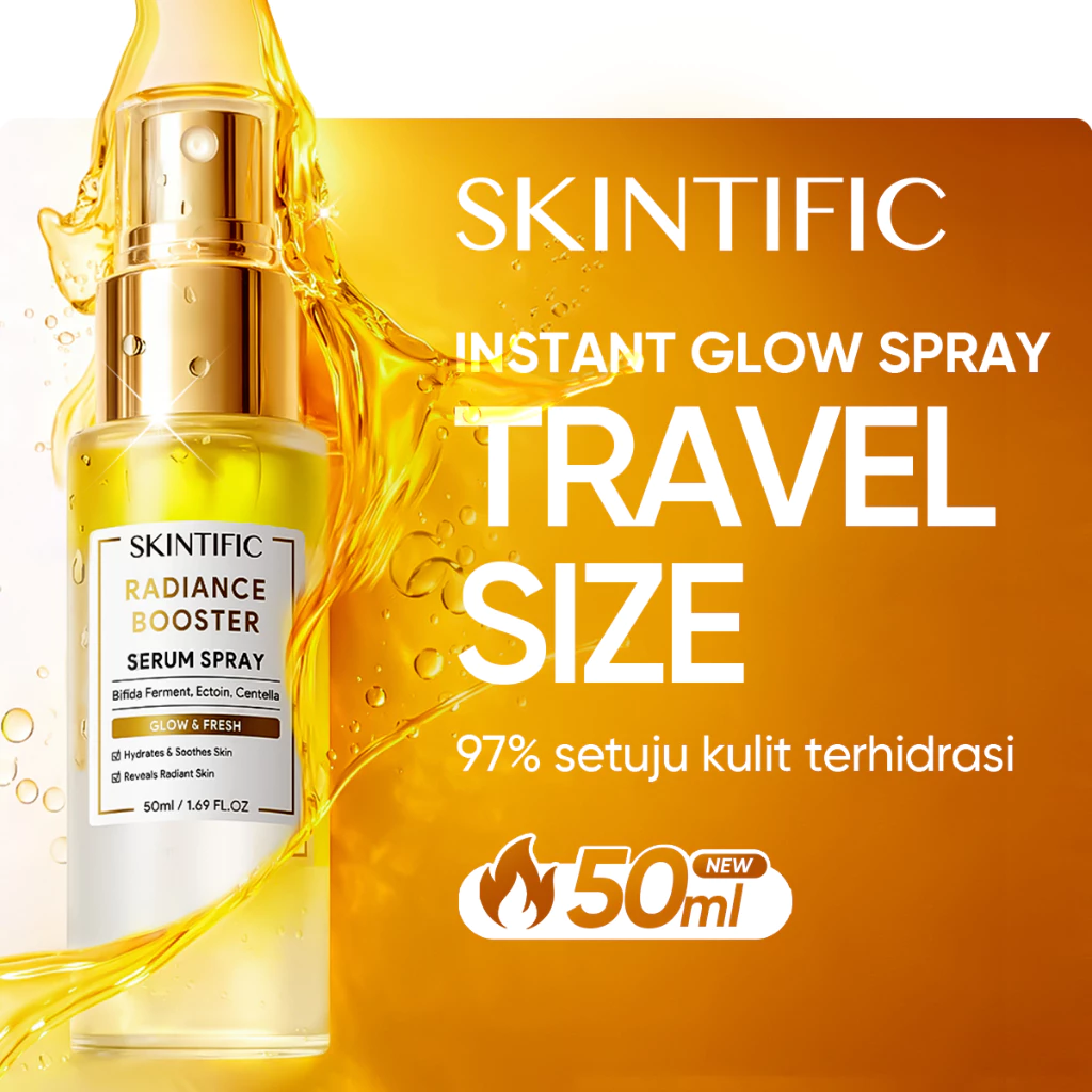 NEW SKINTIFIC - Instant Glowing Serum Spray Travel Size 50ml | Radiance Booster Essence toner serum mencerahkan wajah Moisturizer Hydrating Toner Centella Kulit Lebih Halus Lembab Dalam Multifungsi Skincare Pendukung Make Up Setting Spray serum glow bomb