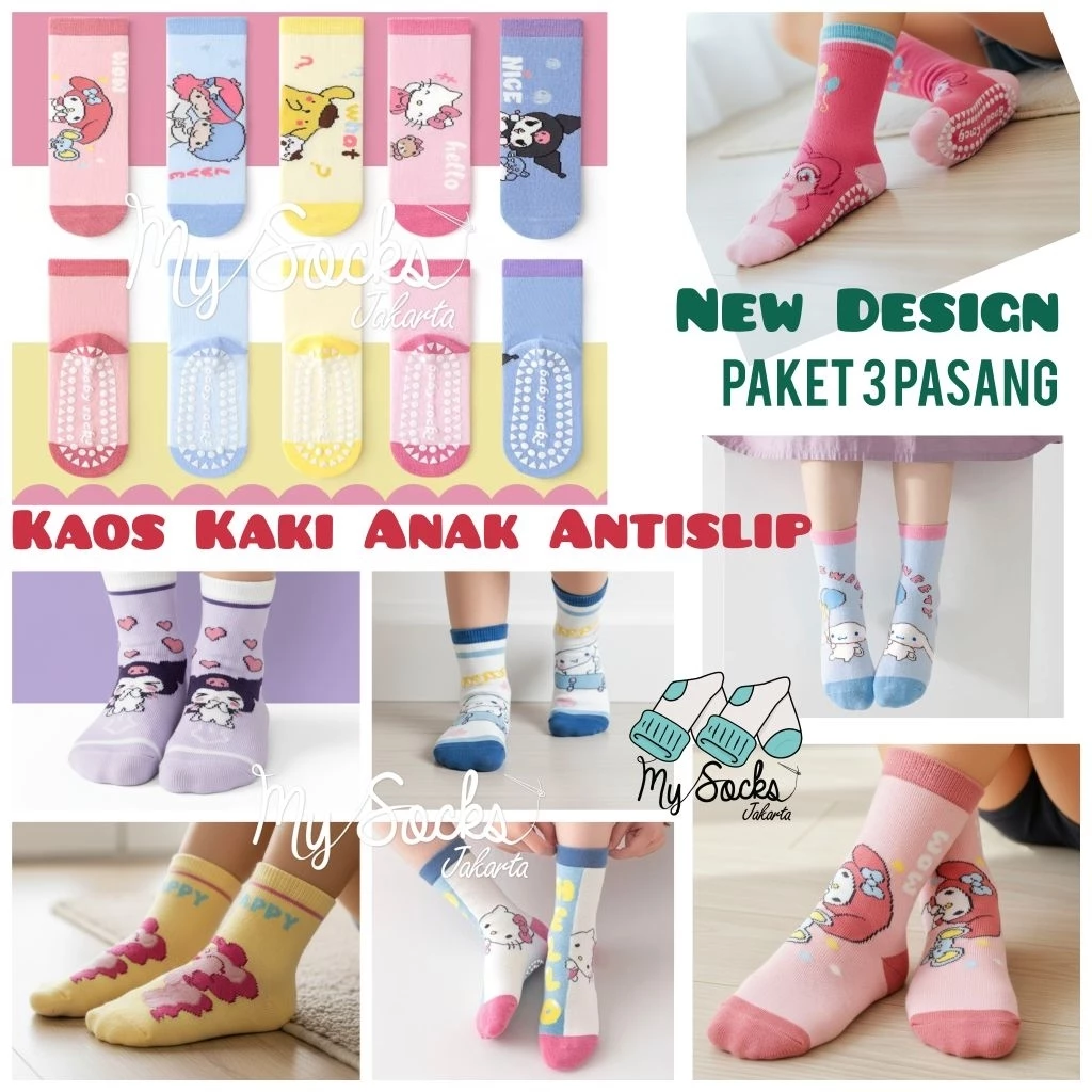 kaos kaki anak perempuan antislip 2-4th 4-6 th dan 7-10 th motif bunny set 3 pasang