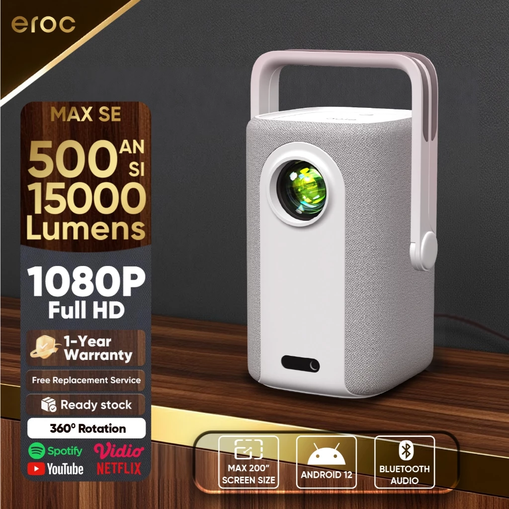 EROC Smart Proyektor - 500 ANSI - Full HD 1080P -  Auto Focus - Up to 200inch - 360° Rotasi Ceiling View - Full Range Speaker - MAX SE