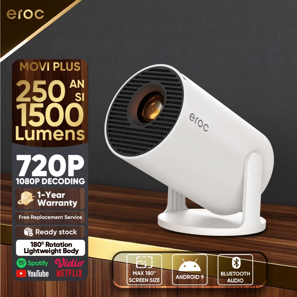 EROC Smart Mini Proyektor LED Android 11 - 250 ANSI Gimbal 180 Rotation Display 110 Inch - MOVI PLUS