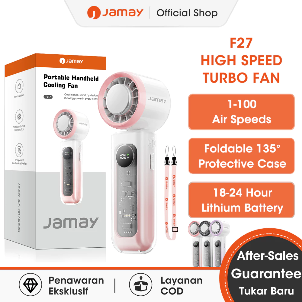 [NEW] Jamay F27 Kipas Angin Portable Pendingin - Semiconductor Cooling Technology, Desain Mekanik Transparan, 100 Speed Adjustable, Layar Digital, 135° Foldable untuk Digantung Leher & Kipas Meja, Untuk Outdoor dan Kantor