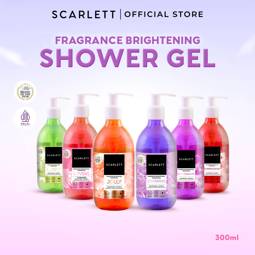 SCARLETT Fragrance Brightening Shower Gel 300ml | Body Wash Sabun Mandi Cair | Melembutkan Menutrisi Melembabkan Mencerahkan Kulit, Kulit Cerah Halus dengan Wangi Mewah