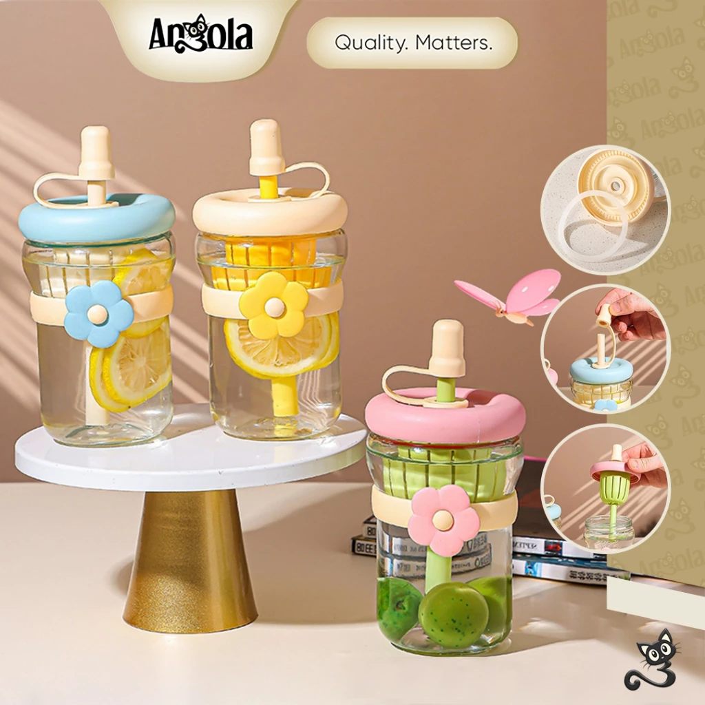 ANGOLA Botol Minum Kaca Motif Bunga W01 Bottle Glass Flower / Tumbler Infused Water