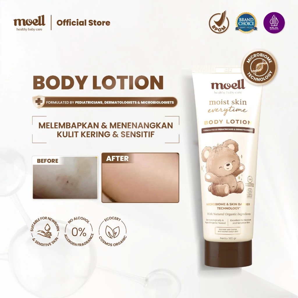 Moell Body Lotion Bayi 185gr - Body Lotion Untuk Kulit Normal Sensitif - Pelembap Bayi Anak Daily Use - Sensitif, Kering, Ruam (Eksim) - Skincare Bayi - Kulit Cerah Glowing Ternutrisi